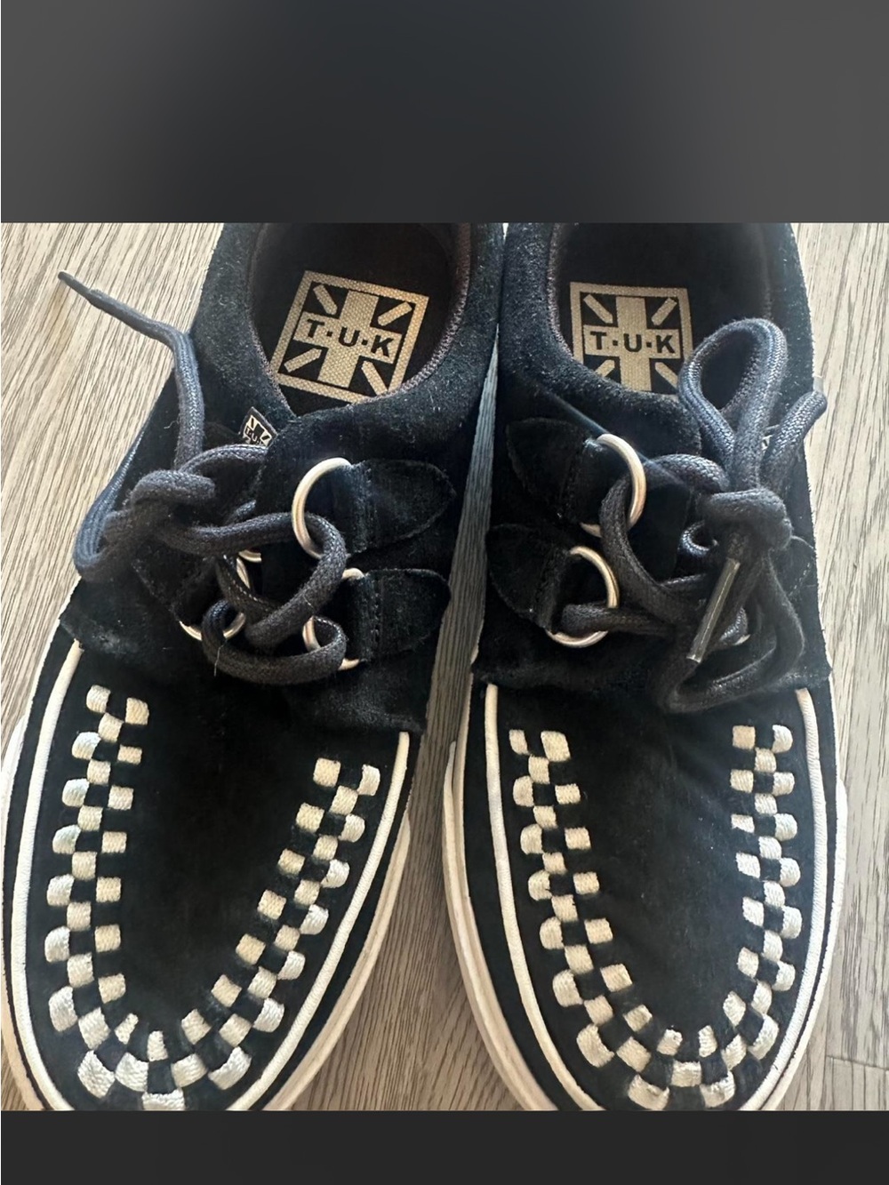 T.U.K Black Suede Creeper Shoes with White Checker Stitch